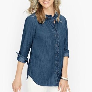 NWT Talbots Sz XL Cotton Ruffle Long Sleeve Button Down Blue Chambray Denim top
